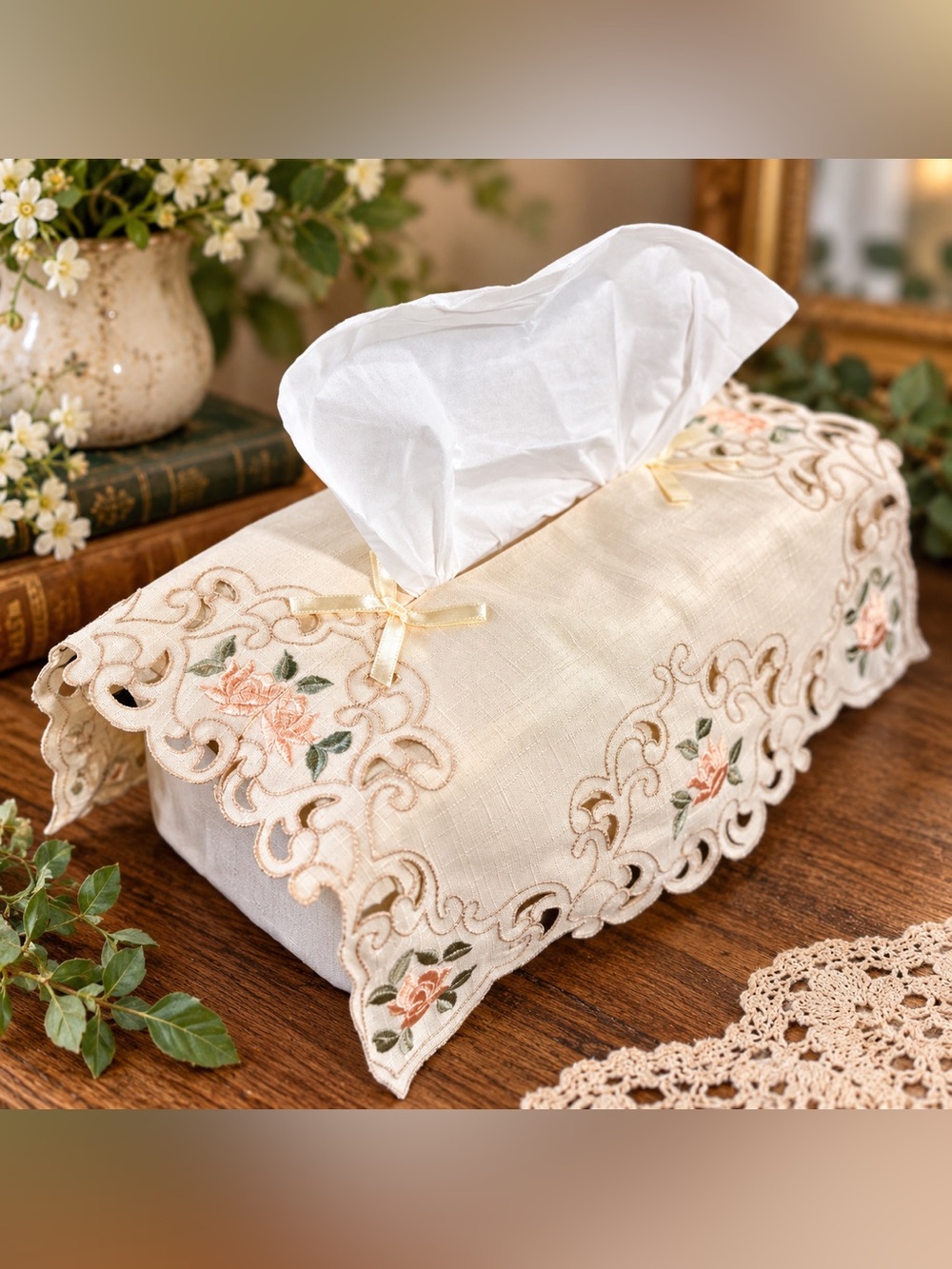 Vintage Embroidered Floral Tissue Box Cover Cutwork Cottagecore